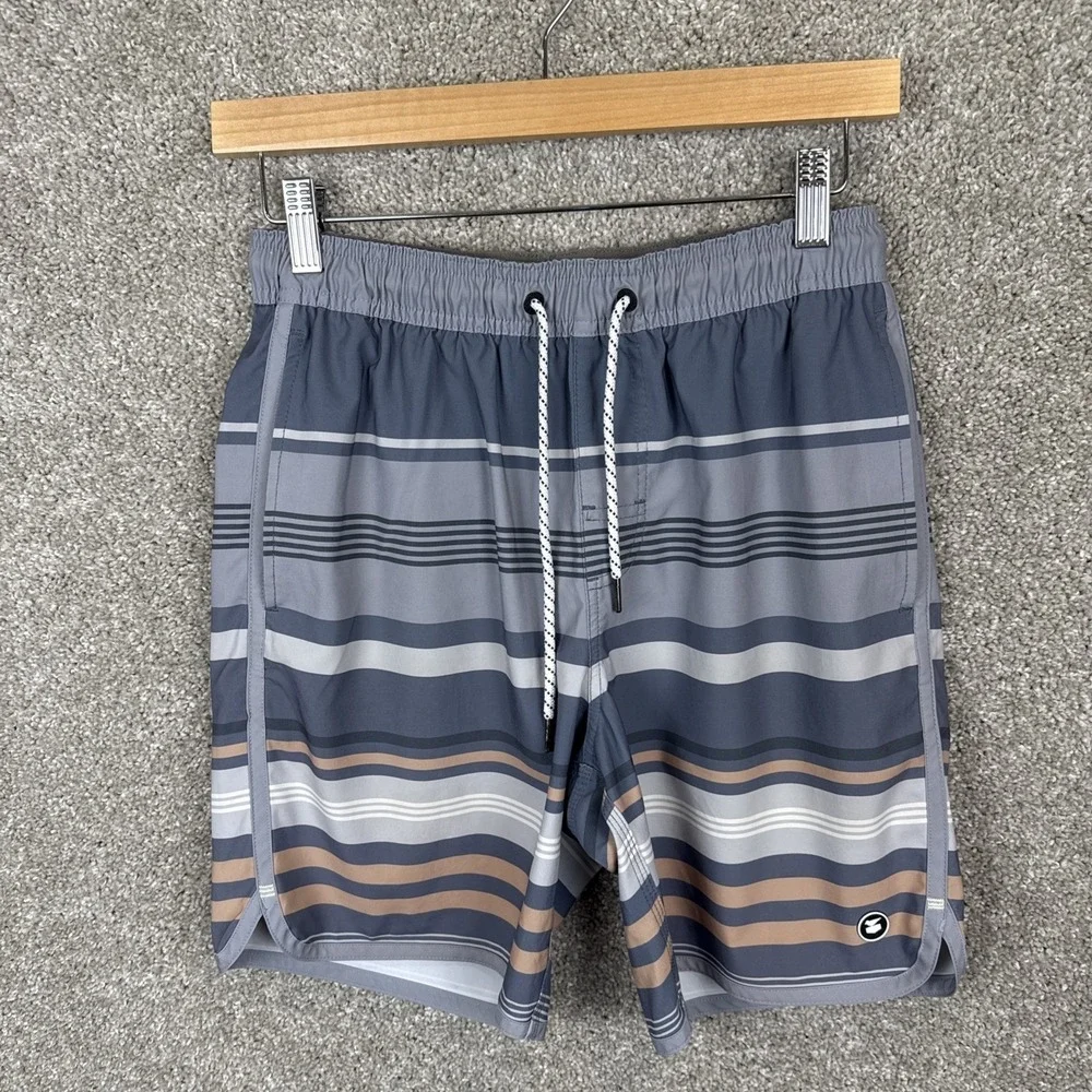Jetty Mens Small Striped Board Shorts Grey Blue Tan Swim Trunks Recycled